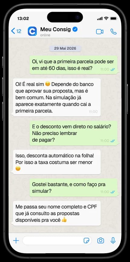 Conversa no WhatsApp com a Meu Consig sobre simulação de crédito CLT