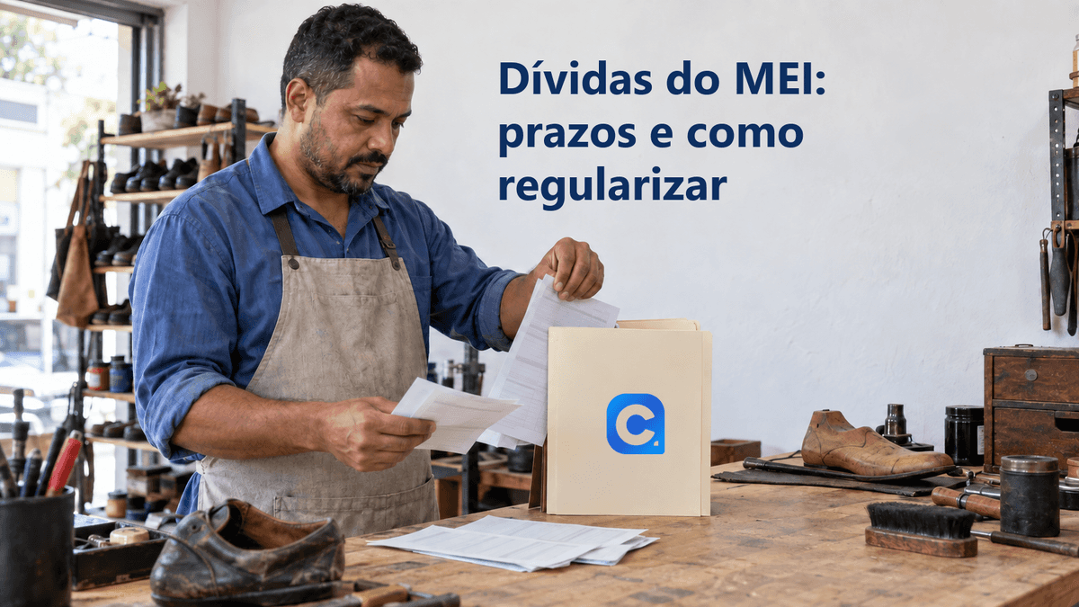Dono de oficina de calçados confere guias e comprovantes no balcão de trabalho, ao lado de uma pasta com o símbolo oficial do Meu Consig.