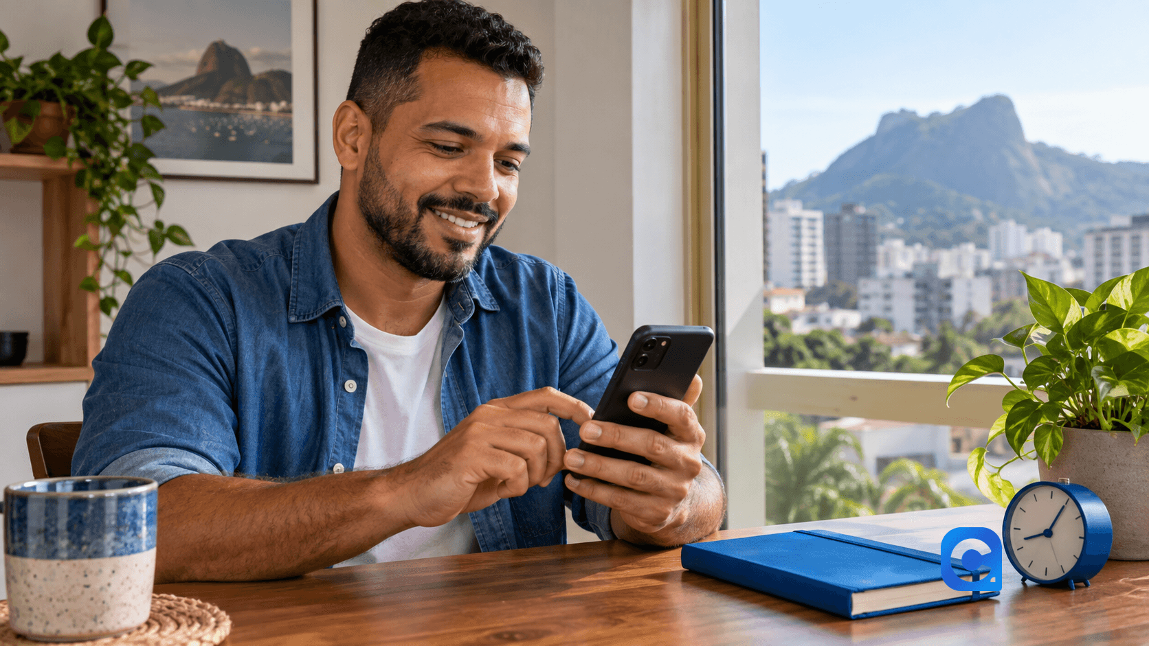Pessoa confere proposta e notificação bancária no celular com elementos azuis