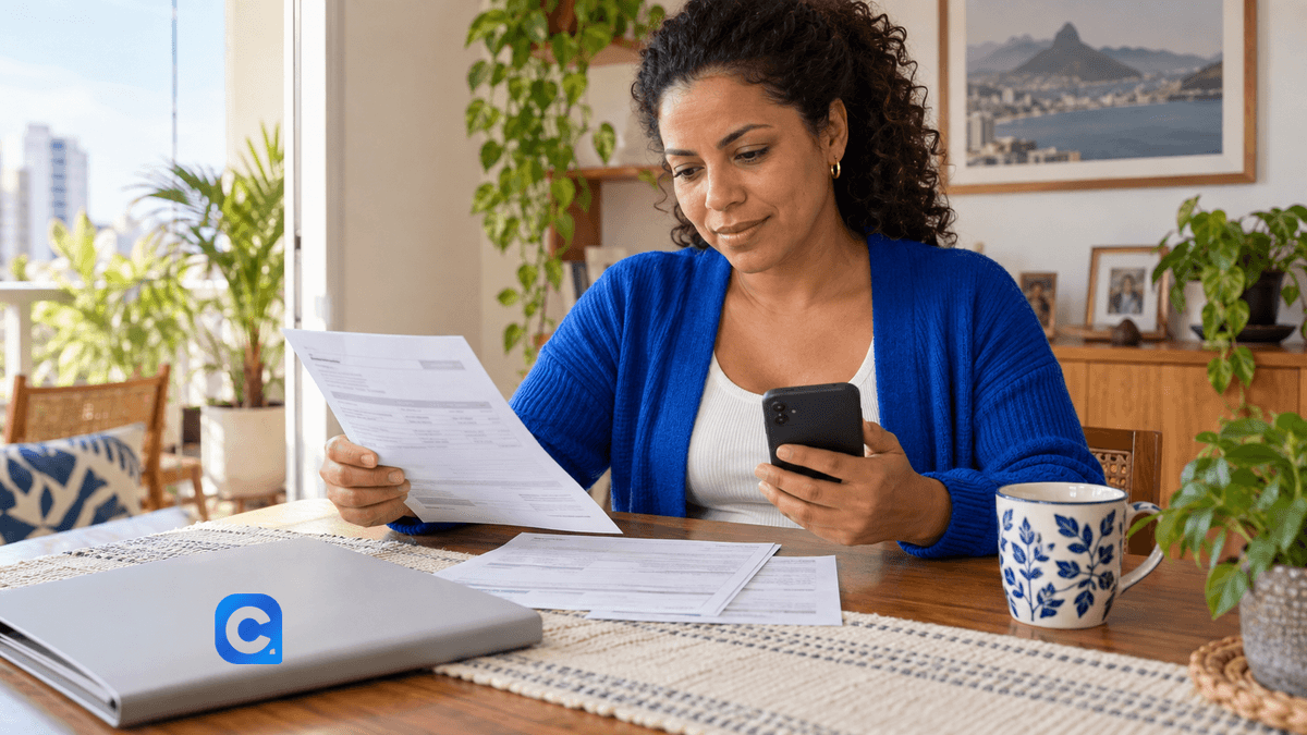 Trabalhadora compara contracheque com o extrato do FGTS no celular