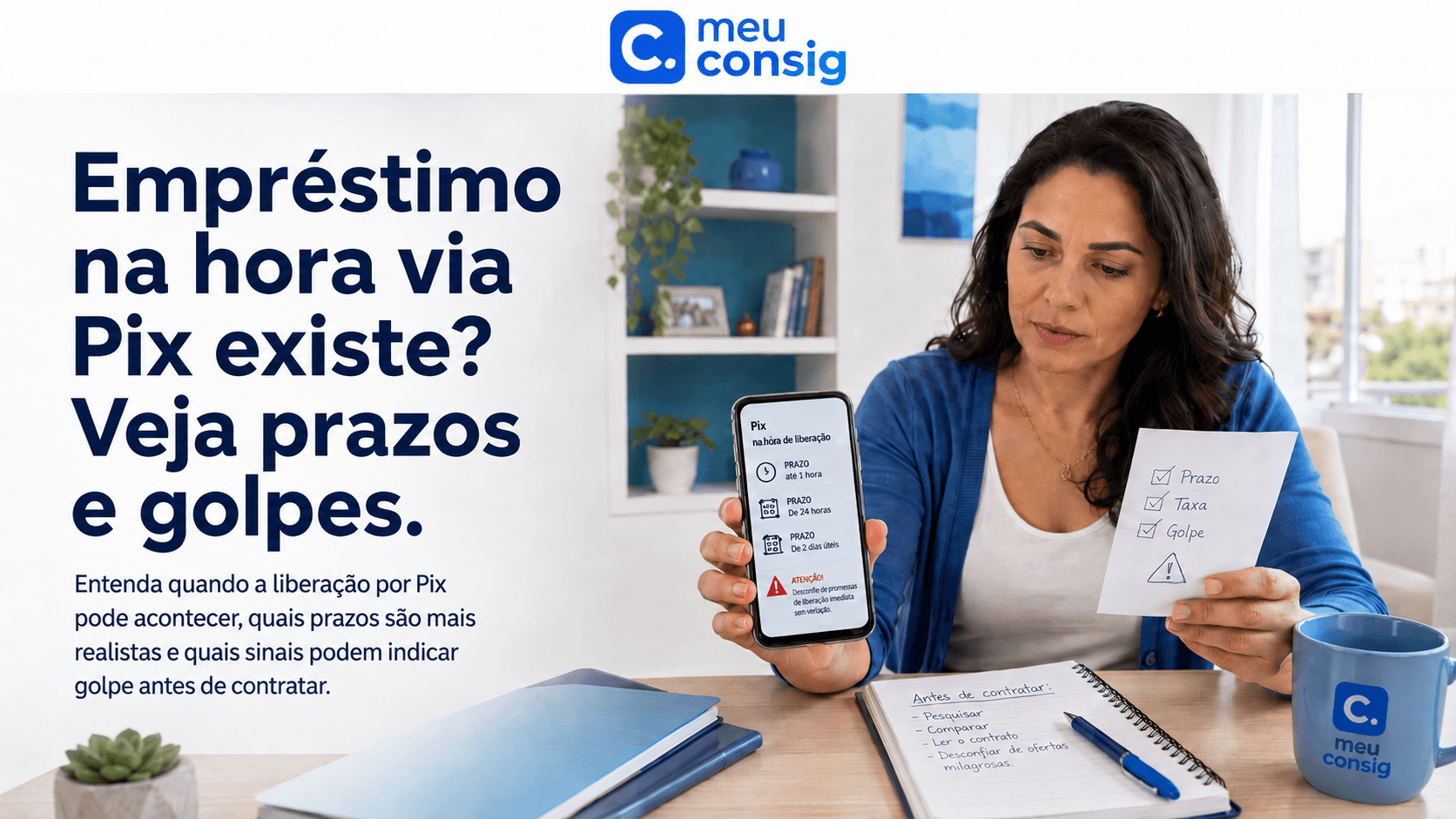 Pessoa conferindo no celular uma oferta de empréstimo com recebimento por Pix antes de contratar