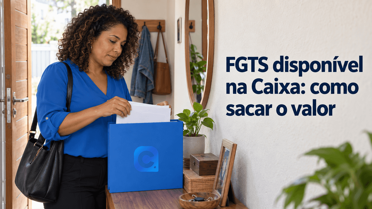 Mulher de blusa azul organiza documentos em uma pasta azul junto à entrada de casa, com o símbolo oficial do Meu Consig na pasta.