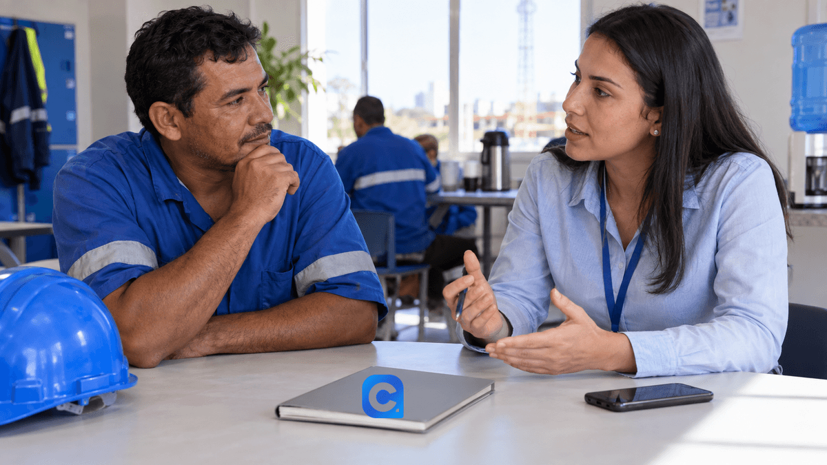 Trabalhador de uniforme azul consulta um tablet com uma assessora em uma oficina.