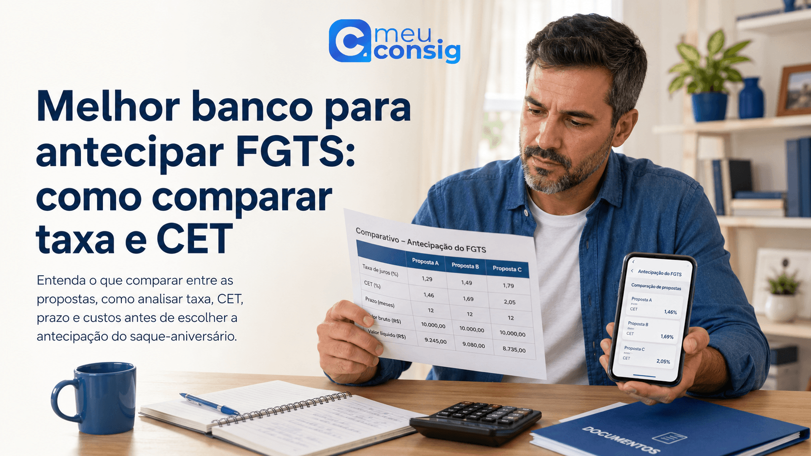 Pessoa comparando no celular taxas e CET de bancos para antecipar o FGTS