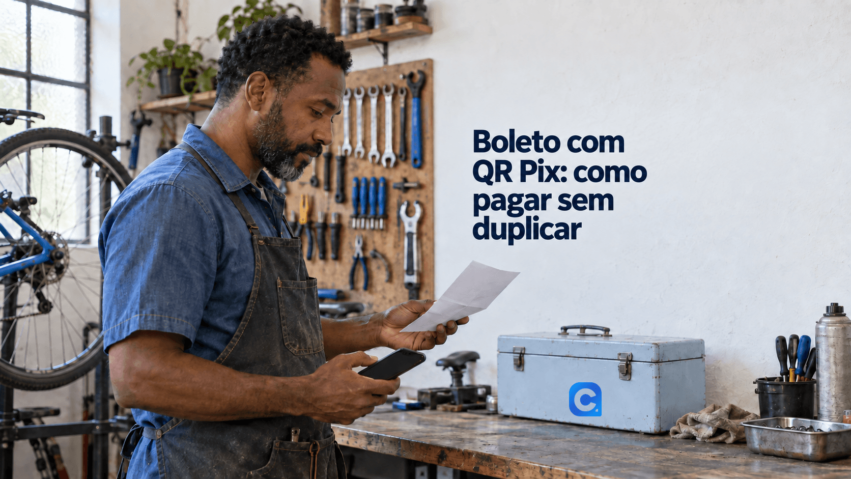 Dono de oficina de bicicletas confere papel e celular ao lado de uma caixa de ferramentas clara com o símbolo Meu Consig.