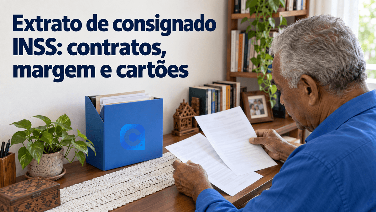 Homem idoso de camisa azul organiza duas folhas na bancada de leitura de casa, visto de perfil, com o símbolo oficial do Meu Consig no organizador azul de documentos.