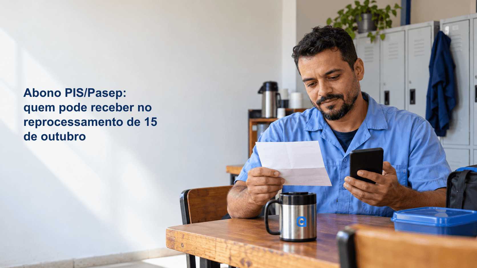 Trabalhador de camisa azul confere uma folha e o celular durante uma pausa, com uma caneca metalica sobre a mesa.