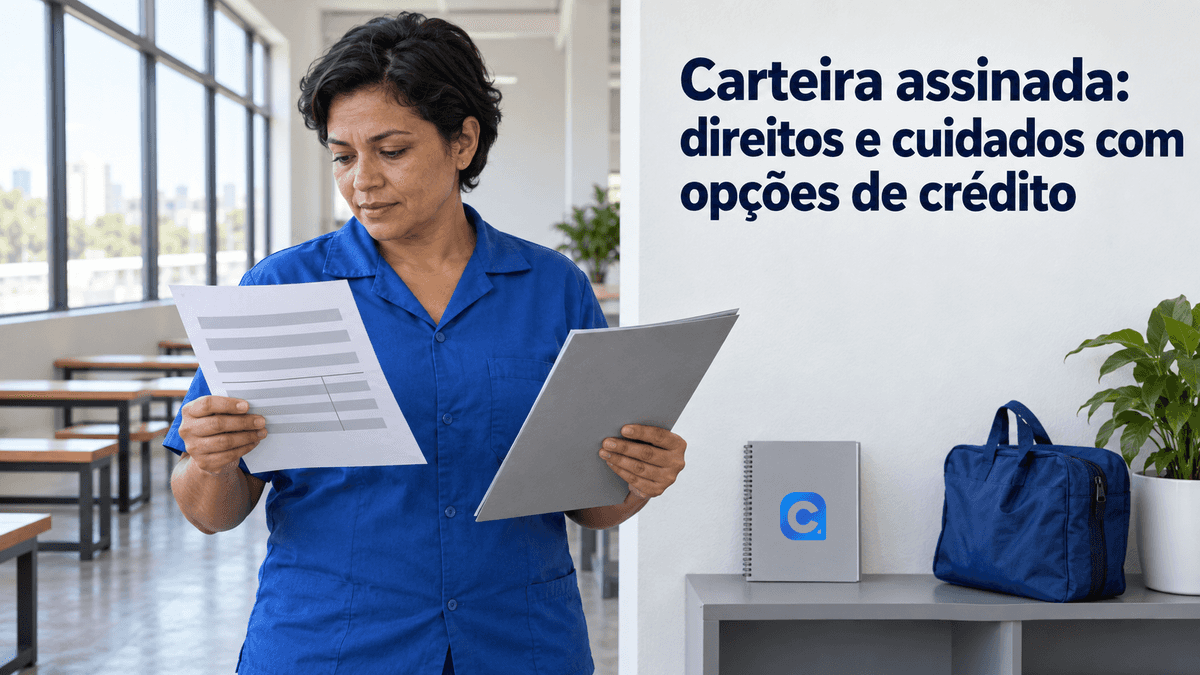 Trabalhadora de camisa azul confere demonstrativo sem dados pessoais e pasta de emprego em sala ampla, com símbolo Meu Consig no caderno.