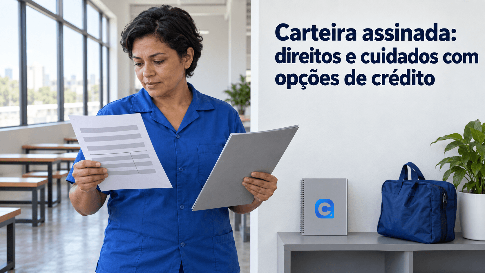 Trabalhadora de camisa azul confere demonstrativo sem dados pessoais e pasta de emprego em sala ampla, com símbolo Meu Consig no caderno.