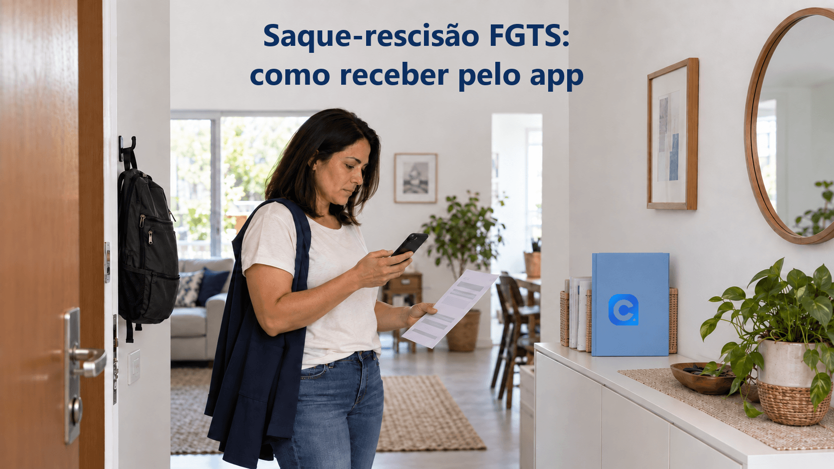 Mulher consulta o próprio celular e um documento na entrada de casa, com casaco no ombro e mochila guardada; uma pasta azul no aparador traz o símbolo oficial do Meu Consig.