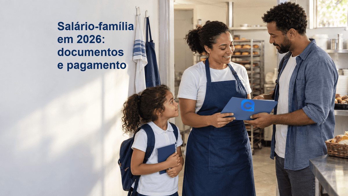 Trabalhadora de padaria conversa com a família enquanto organiza uma pasta azul com o símbolo Meu Consig e documentos da criança em ambiente claro.
