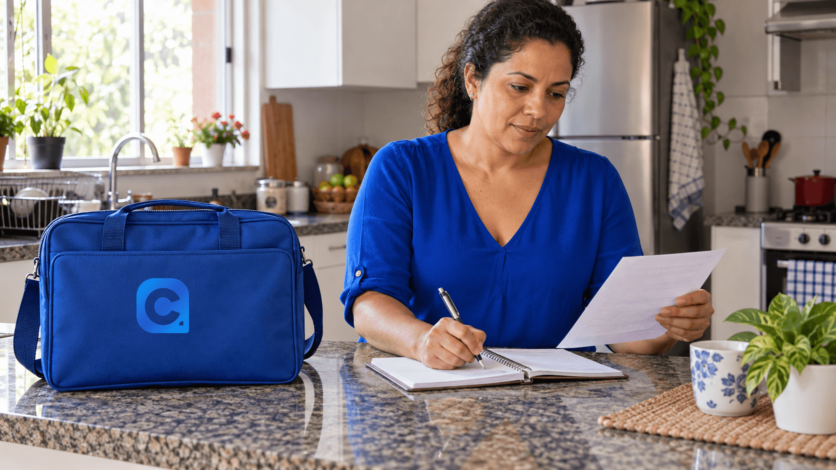 Trabalhadora de blusa azul confere um papel e faz anotações na cozinha, com símbolo Meu Consig aplicado à bolsa azul sobre o balcão.