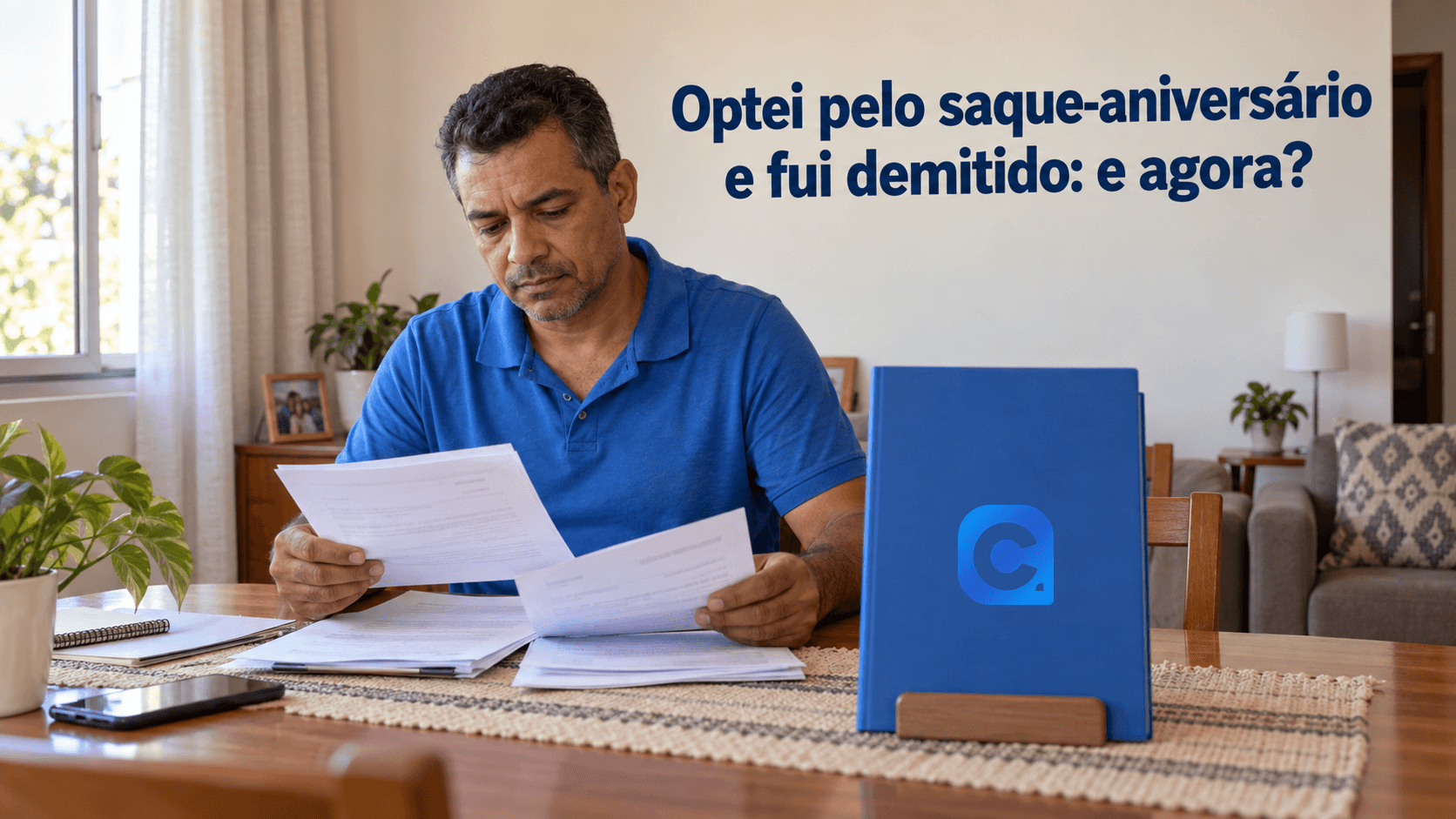 Trabalhador de polo azul revisa documentos em uma mesa de casa com expressão séria, ao lado de uma pasta azul com o símbolo oficial do Meu Consig.