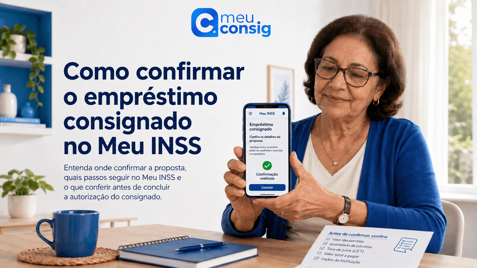 Aposentada conferindo uma proposta antes de confirmar o empréstimo consignado no Meu INSS