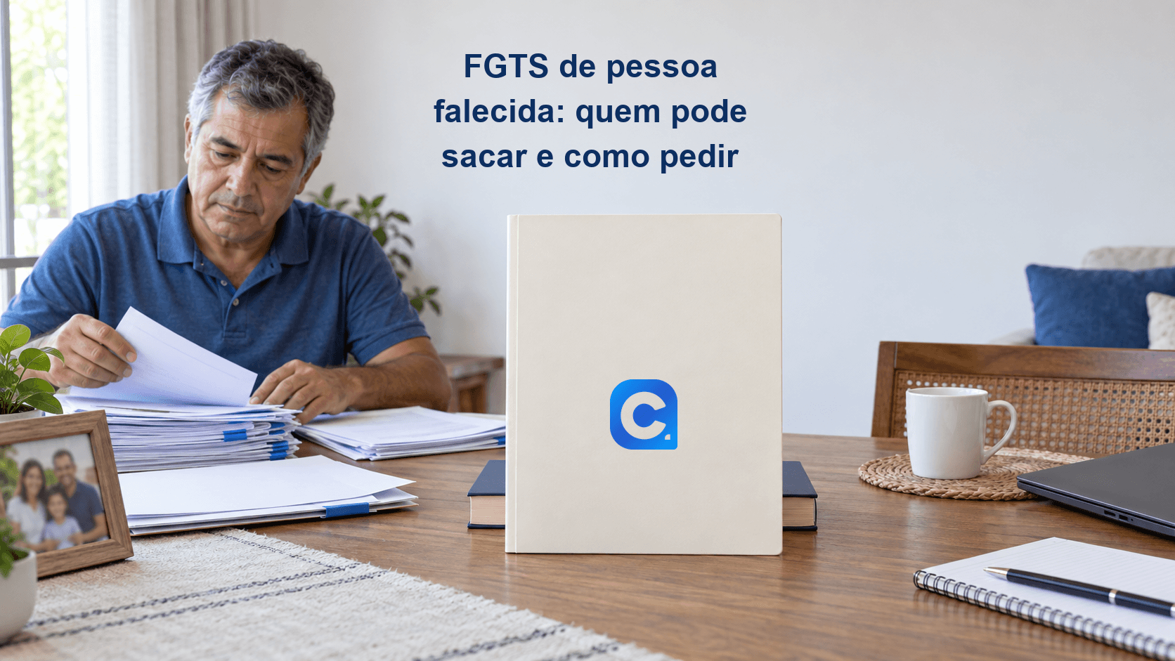 Familiar organiza documentos para solicitar FGTS de pessoa falecida; símbolo oficial em pasta.