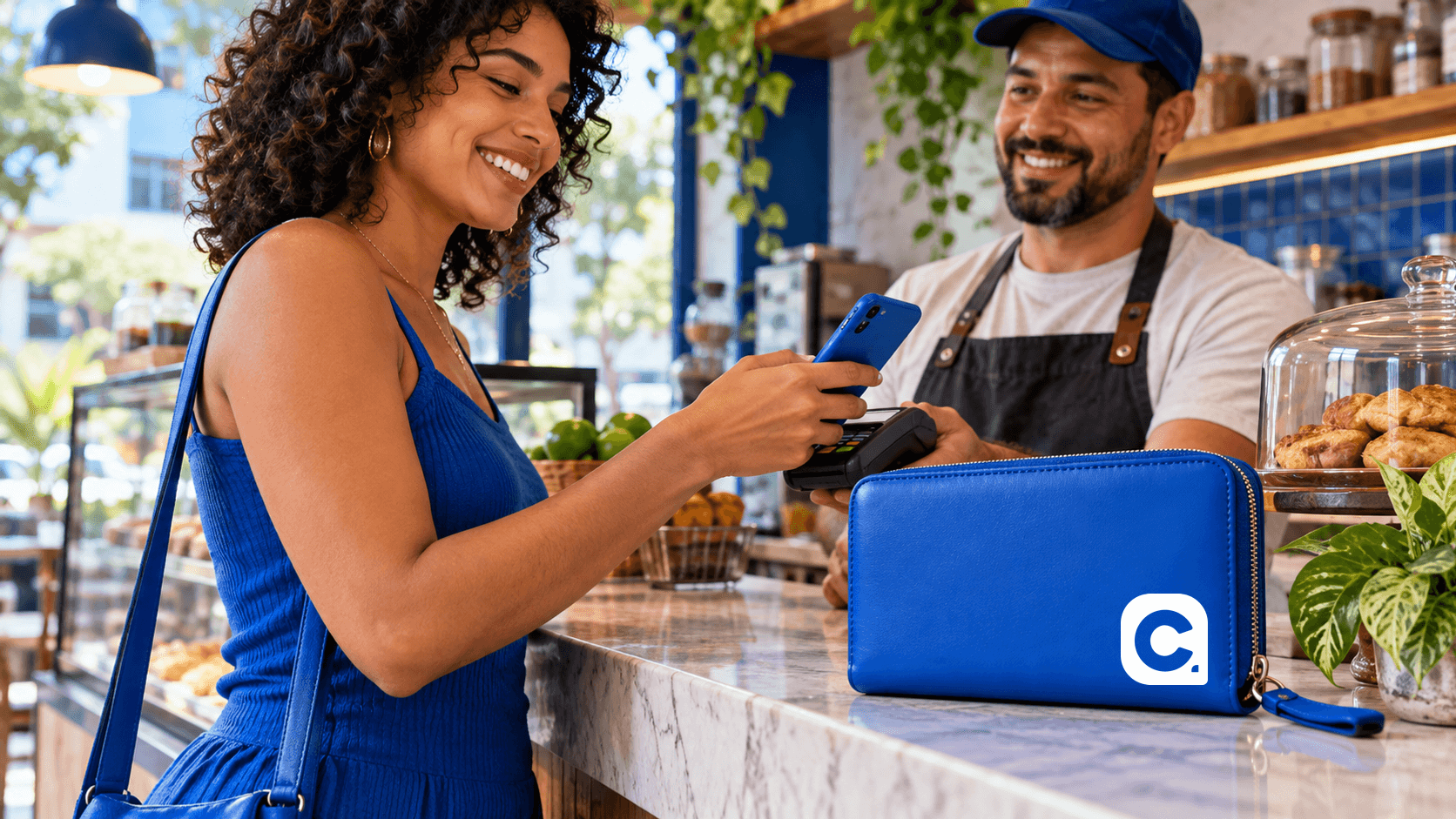 Cliente paga com Pix em comércio usando carteira azul com símbolo Meu Consig.