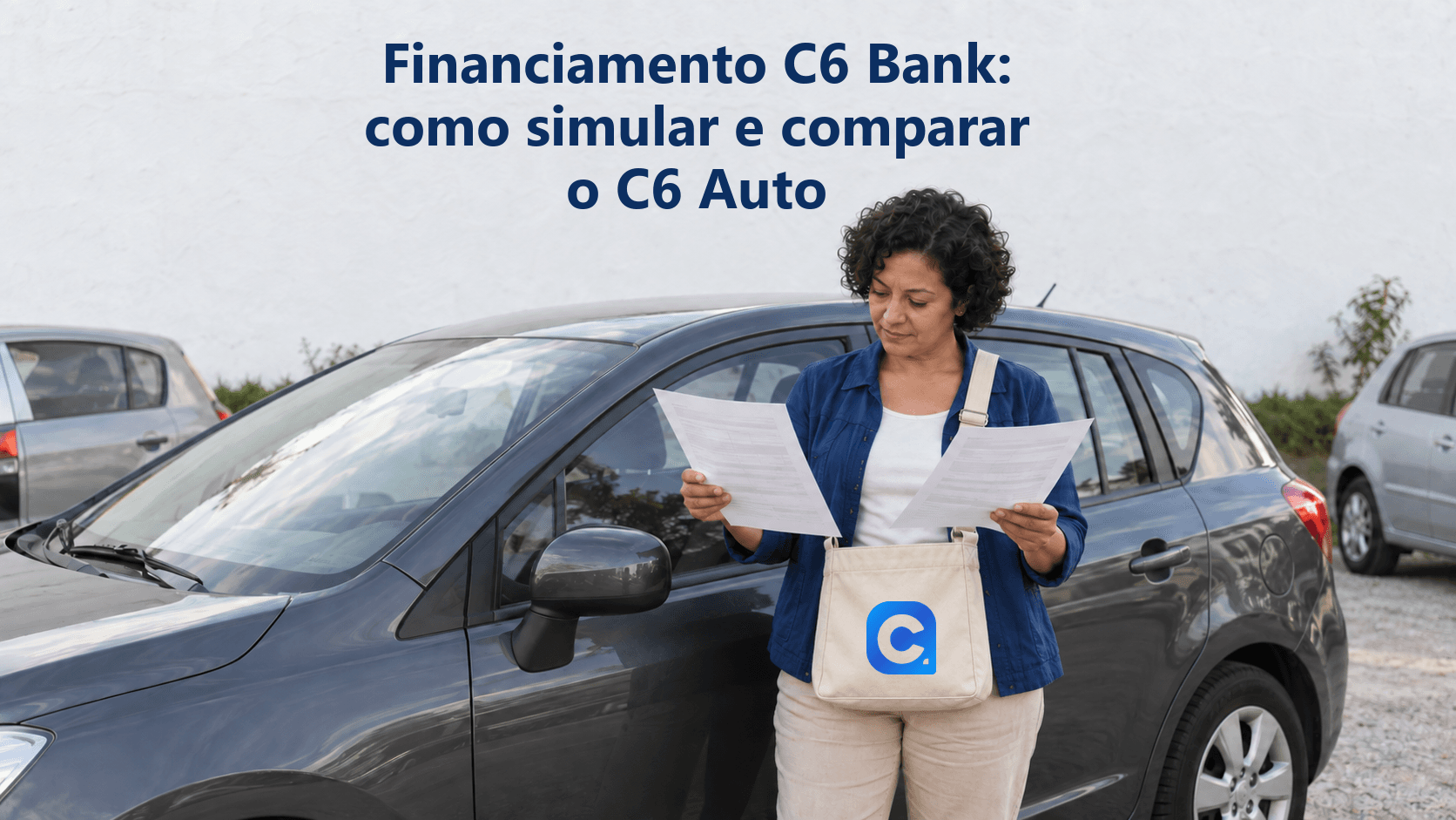 Compradora compara duas propostas ao lado de um carro, com o símbolo oficial do Meu Consig aplicado na sua bolsa de documentos.