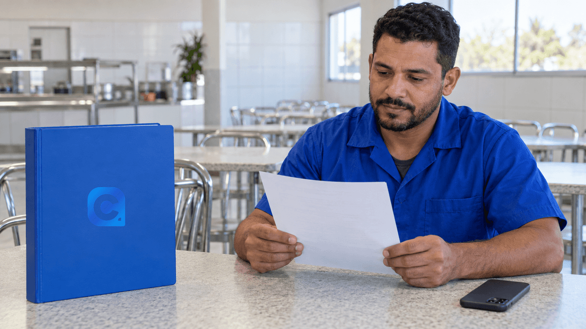 Trabalhador de camisa azul lê um papel no refeitório antes de usar o celular de costas, com símbolo Meu Consig na pasta azul sobre a mesa.