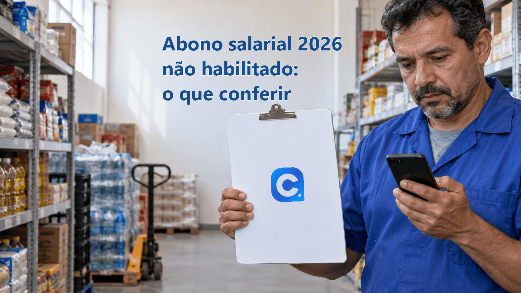 Repositor de supermercado consulta celular e segura prancheta com o símbolo oficial do Meu Consig.