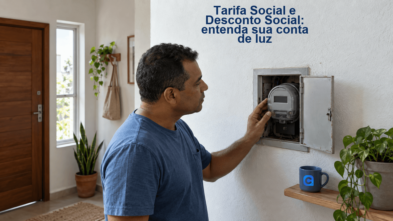 Homem observa um medidor de energia em casa, junto de uma caneca azul.