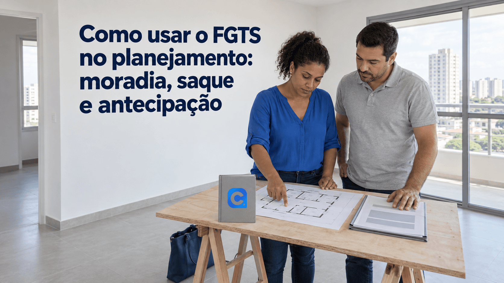 Casal avalia planta de moradia e documento genérico em apartamento vazio, com mulher de blusa azul e símbolo Meu Consig no caderno cinza.