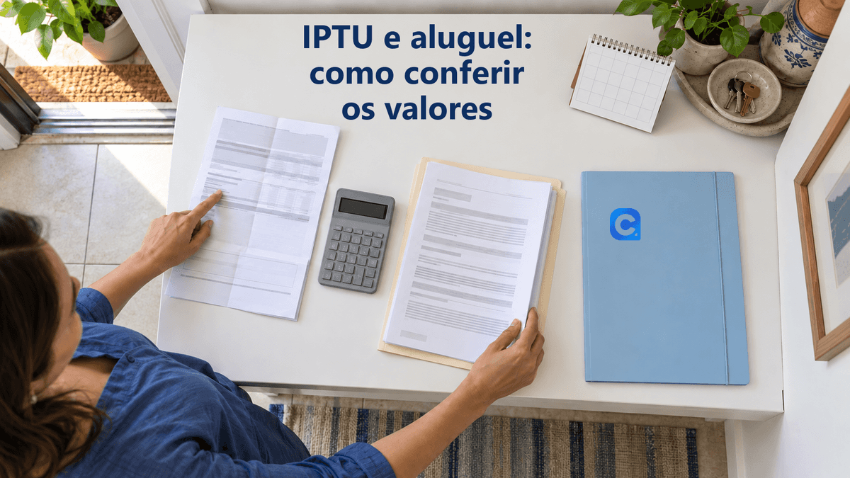 Vista de cima de uma mulher conferindo dois conjuntos de documentos com calculadora e calendário; uma pasta azul apoiada no balcão traz o símbolo oficial do Meu Consig.