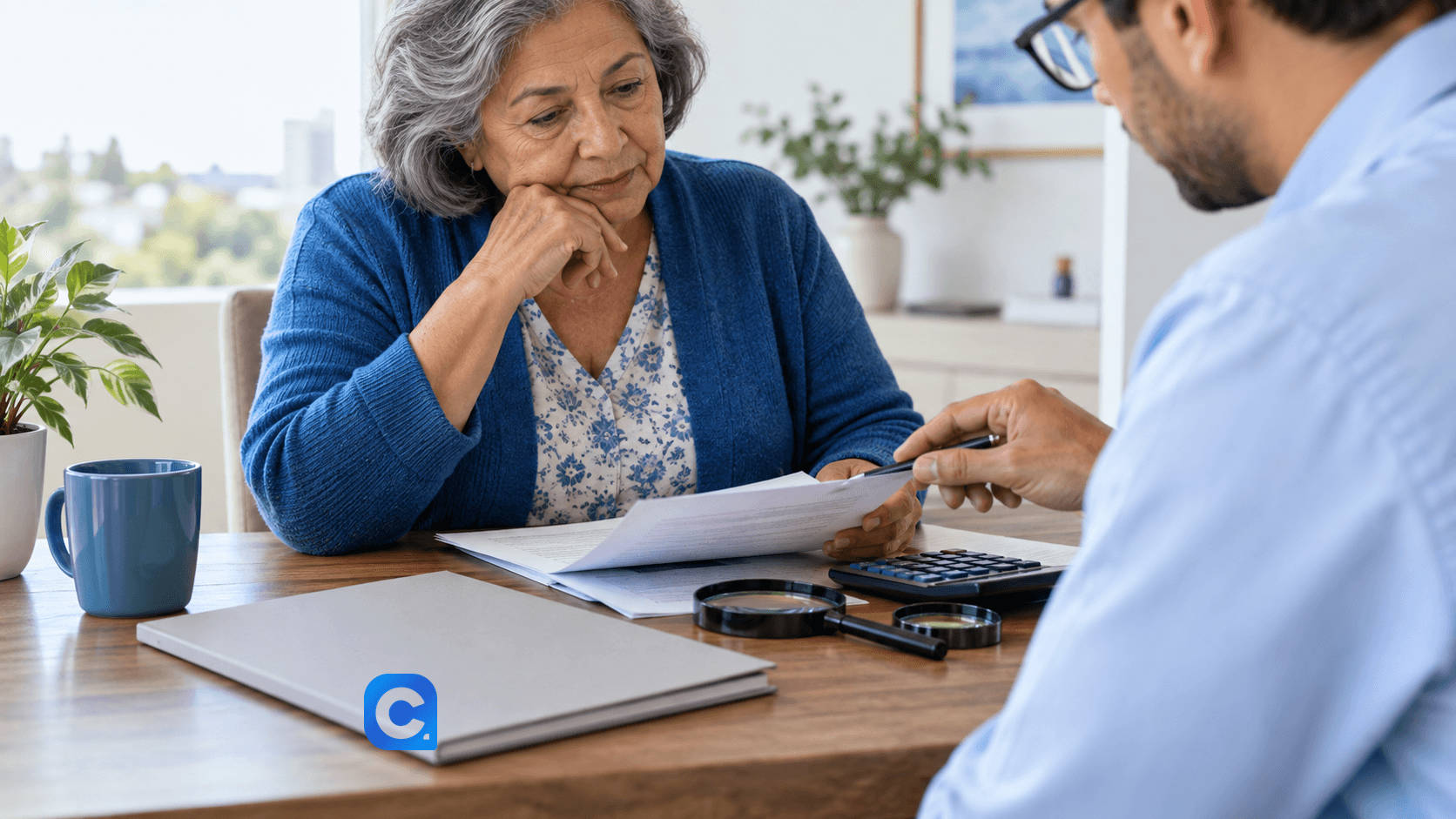 Mulher idosa de cardigan azul confere um documento com um assessor.