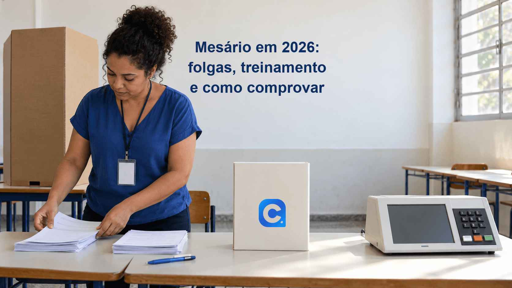Mesária organiza uma seção eleitoral; símbolo oficial do Meu Consig em pasta branca.