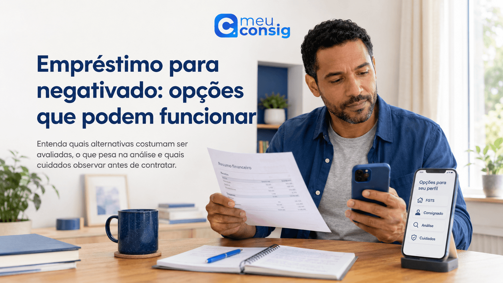 Pessoa negativada comparando no celular opções seguras de empréstimo com FGTS, INSS e vínculo CLT