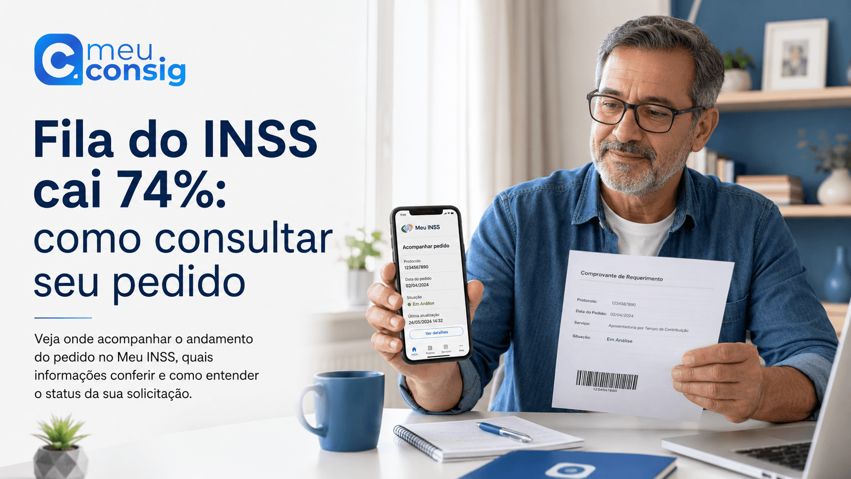 Pessoa consultando no Meu INSS o andamento de um pedido que ainda está em análise