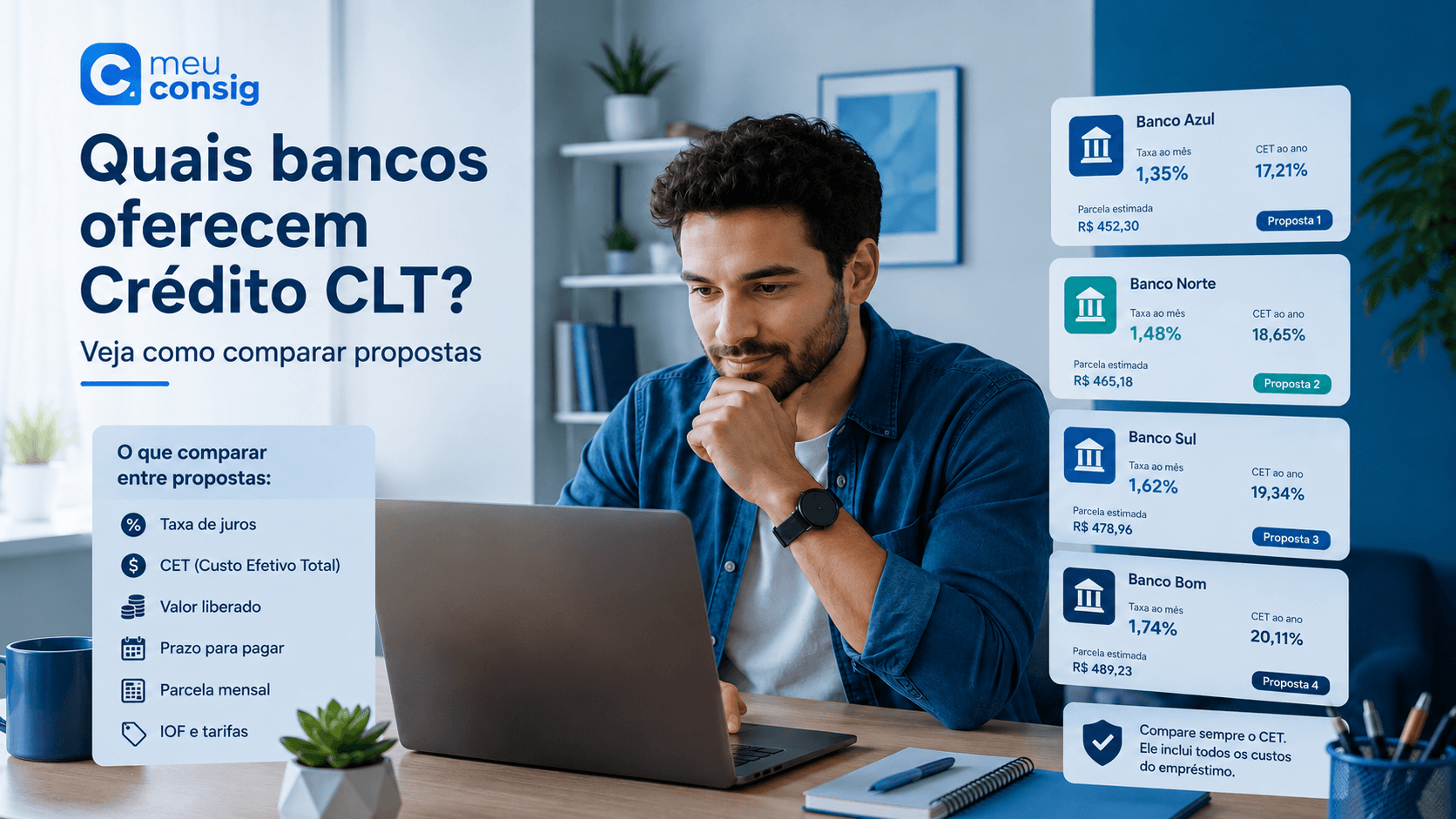 Trabalhador comparando no celular bancos, taxas e propostas do Crédito CLT