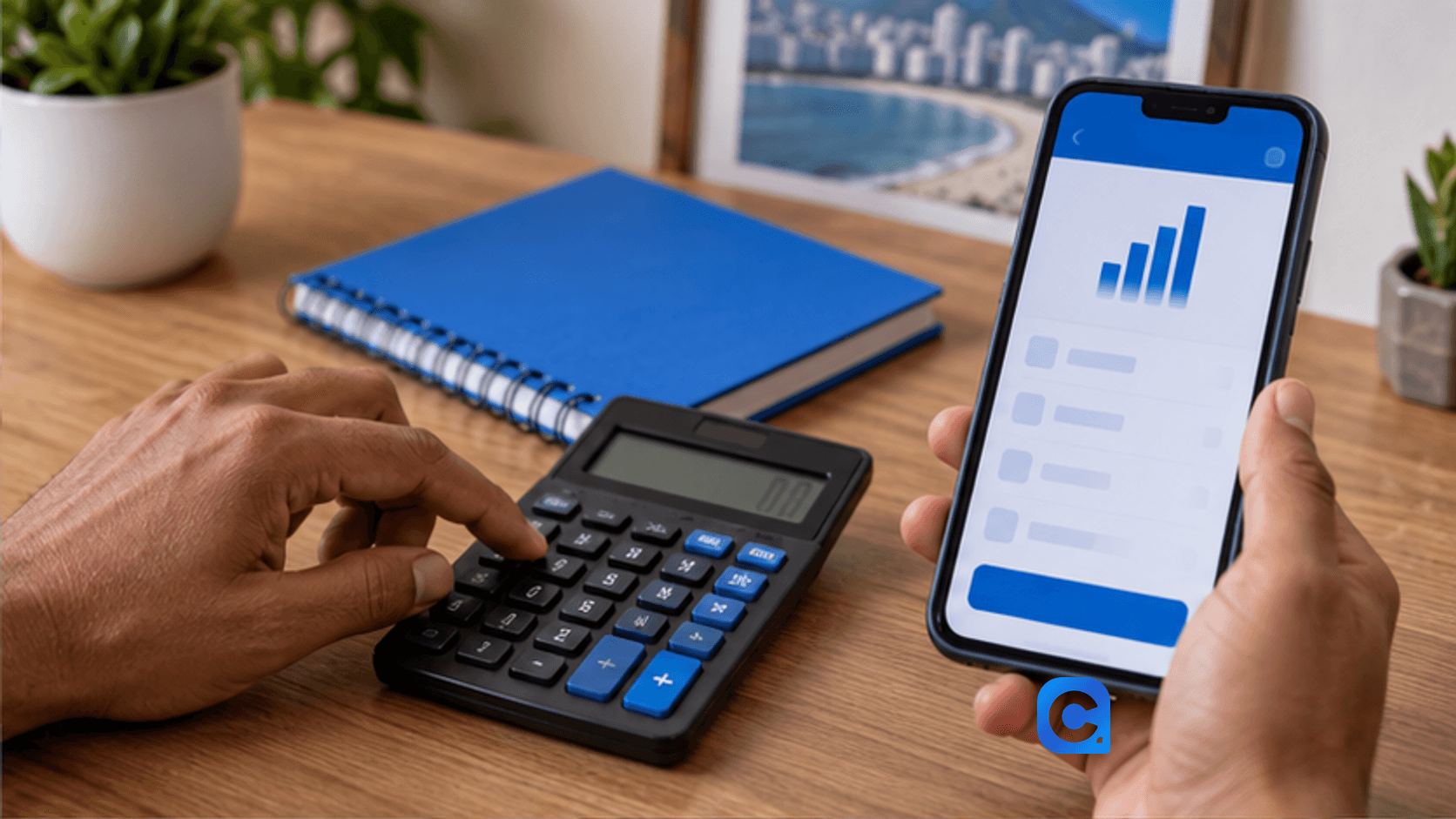 Trabalhador calcula porcentagem do saque-aniversário do FGTS com calculadora e caderno azul