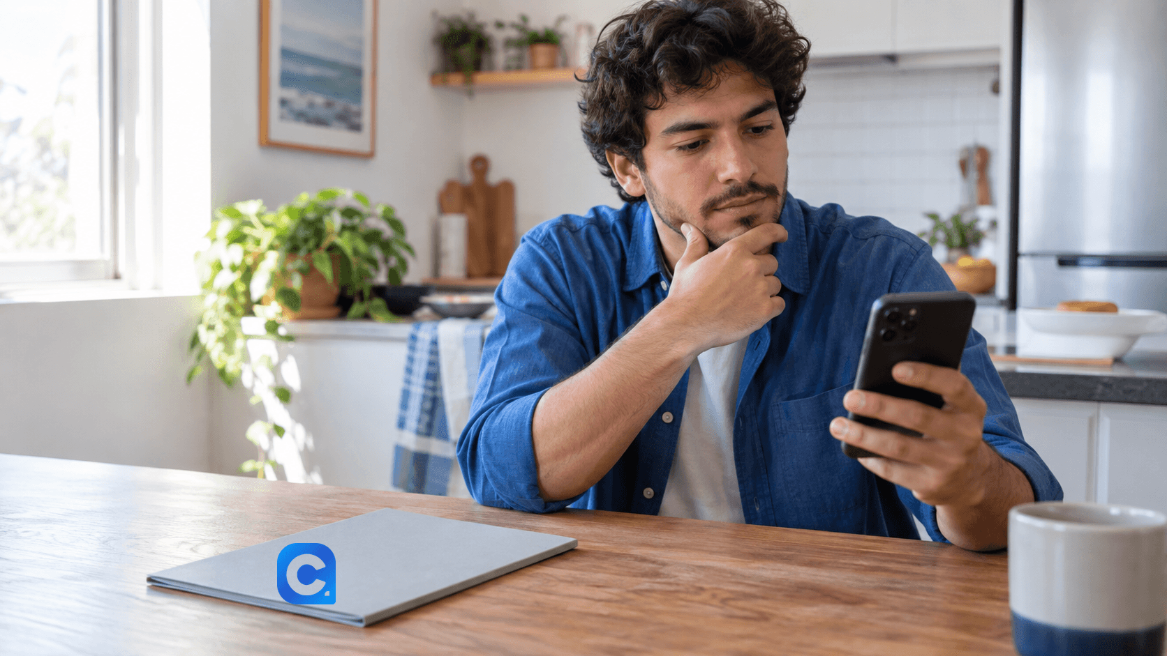 Homem jovem de roupa azul consulta o celular em casa.