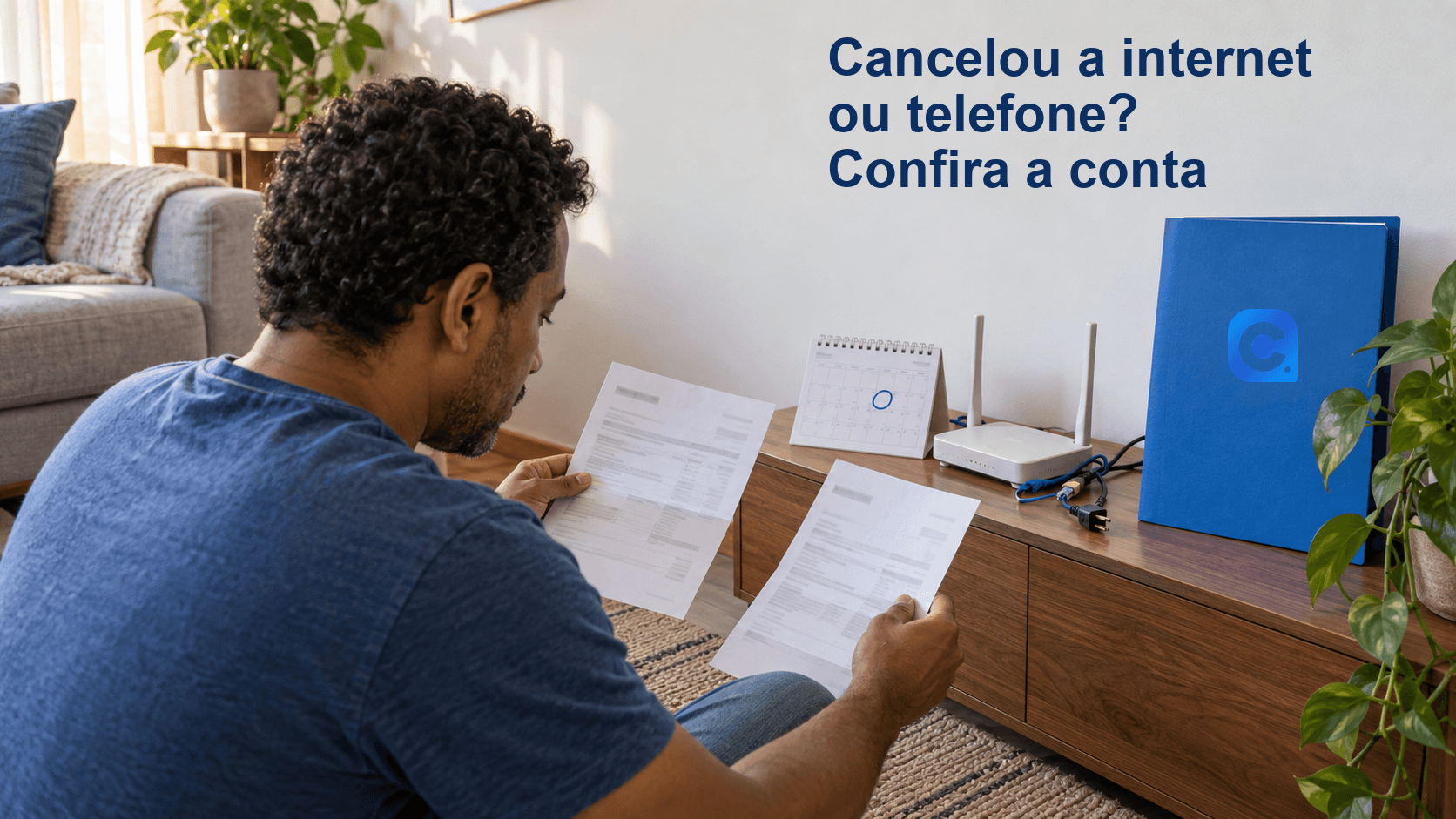 Homem confere faturas de telecomunicações junto a um roteador e uma pasta azul com o símbolo oficial do Meu Consig; na parede, o título Cancelou a internet ou telefone? Confira a conta.