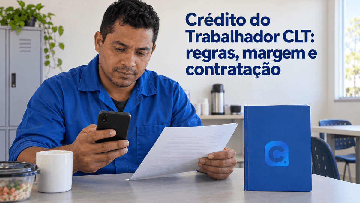 Trabalhador de camisa azul confere uma proposta e o celular no intervalo do trabalho, ao lado de um caderno azul com o símbolo oficial do Meu Consig.