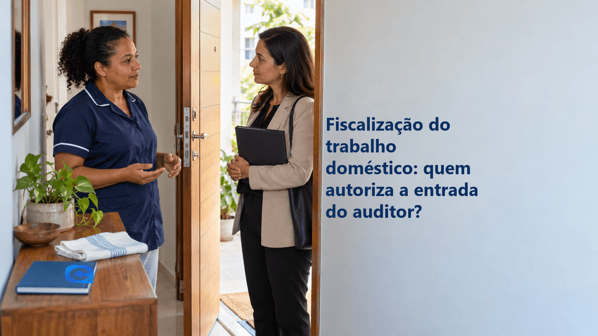 Trabalhadora doméstica conversa à porta com auditora do trabalho, ao lado do título sobre autorização de entrada