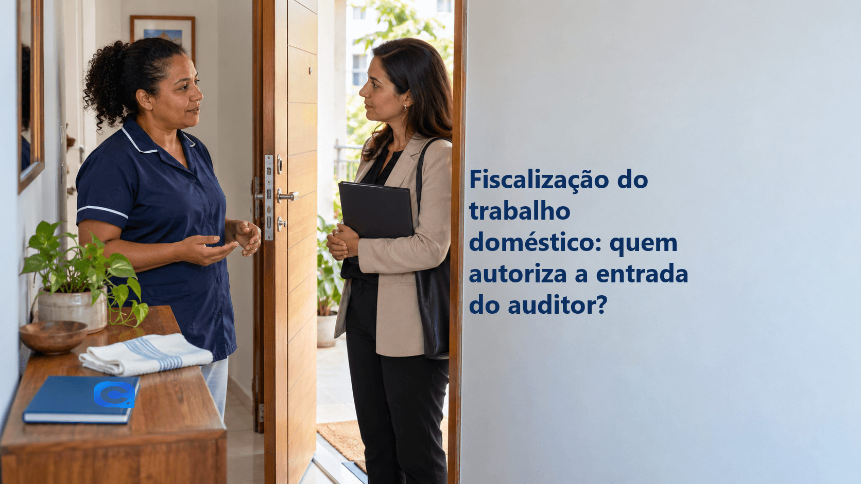 Trabalhadora doméstica conversa à porta com auditora do trabalho, ao lado do título sobre autorização de entrada