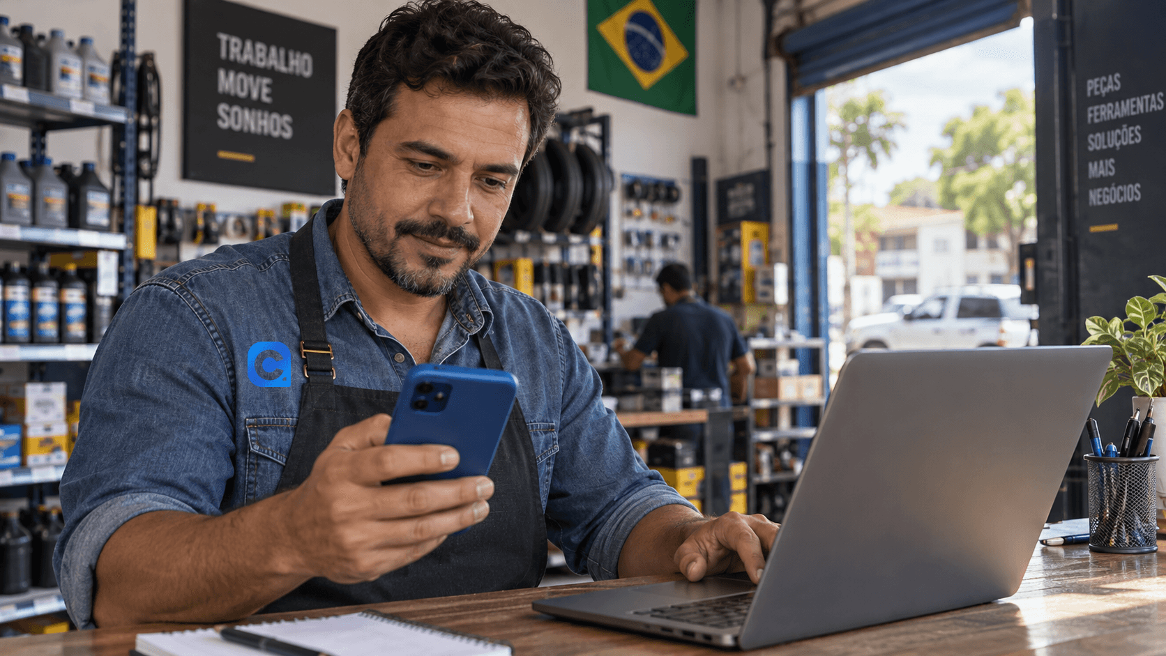 Comerciante confere mensagem de crédito e site bancário oficial