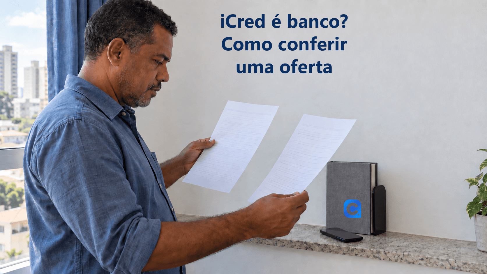 Homem compara duas versões de documentos junto à janela; um celular repousa no peitoril e um caderno cinza apoiado traz o símbolo oficial do Meu Consig.