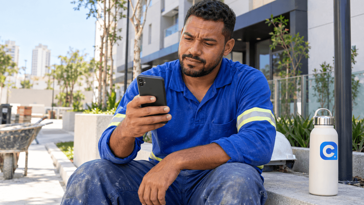 Trabalhador consulta o celular durante uma pausa, com garrafa de água ao lado