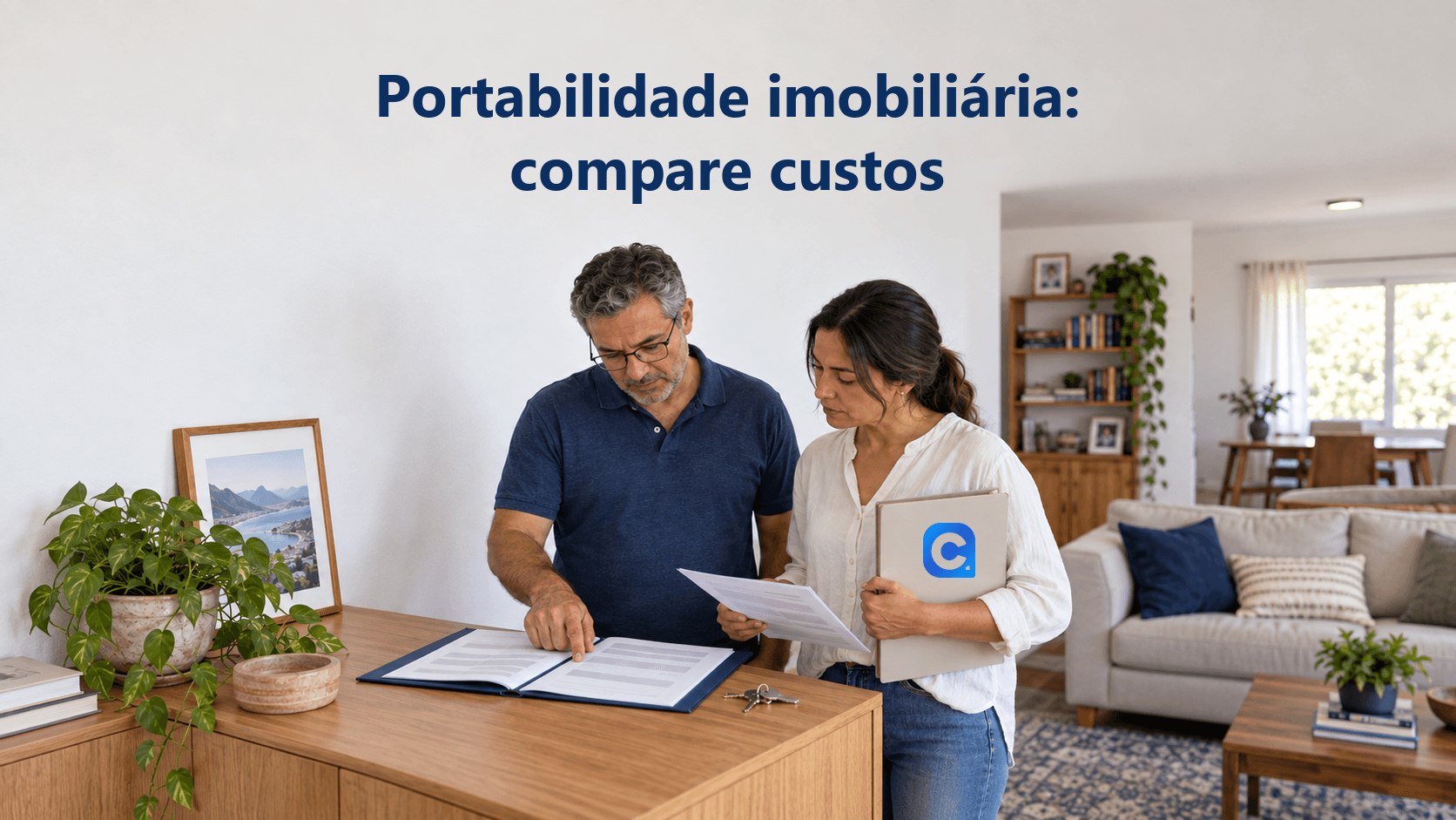 Casal em pé compara documentos de financiamento no interior de casa; chave sobre o aparador e símbolo oficial do Meu Consig na pasta segurada pela mulher.