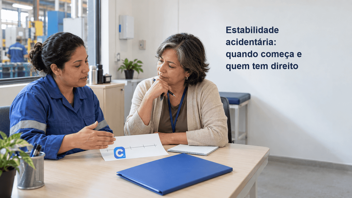 Trabalhadora de uniforme azul conversa com uma profissional diante de uma linha do tempo em papel; ao lado, o título Estabilidade acidentária: quando começa e quem tem direito.