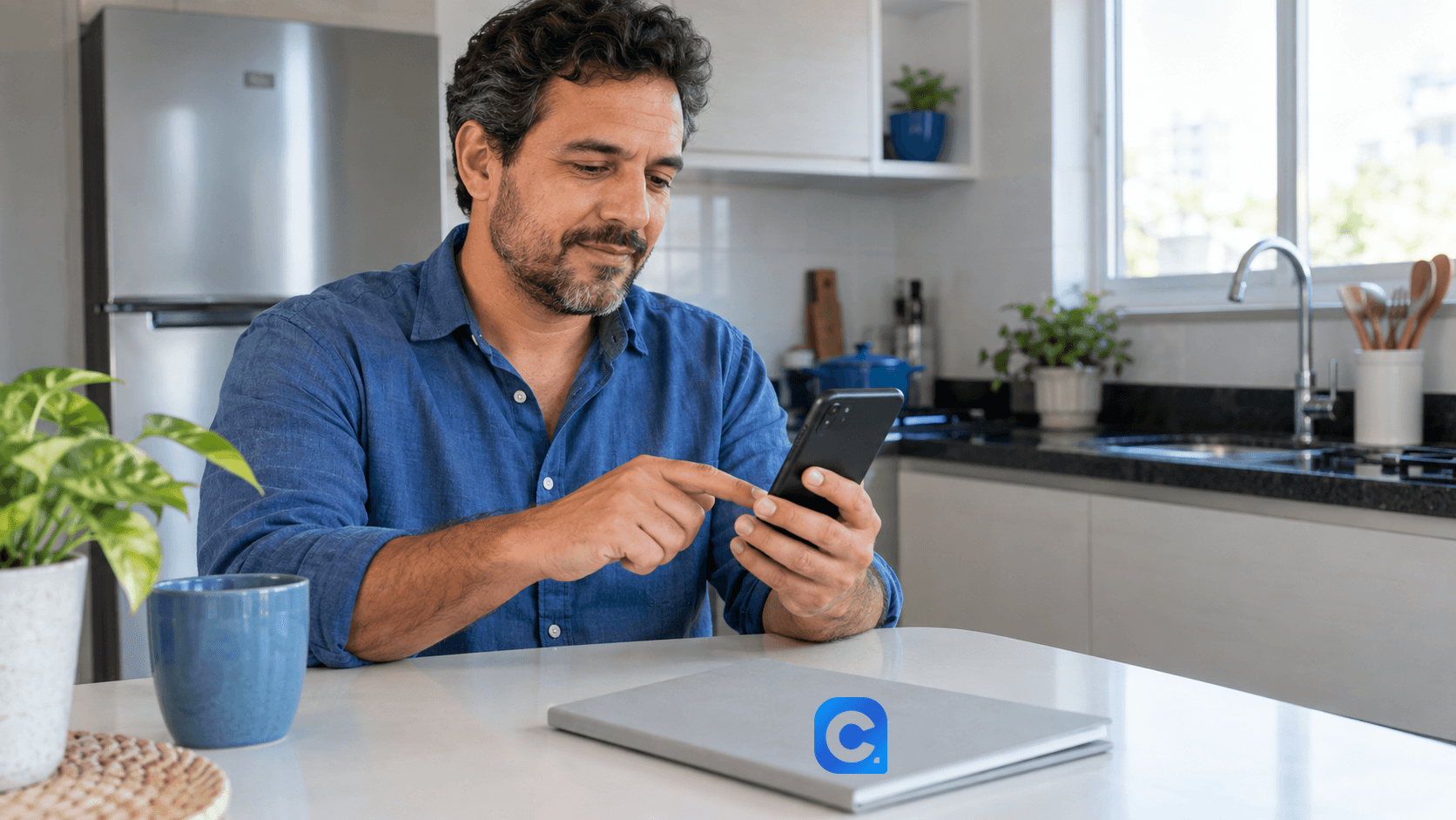 Homem de roupa azul consulta o celular em uma cozinha.