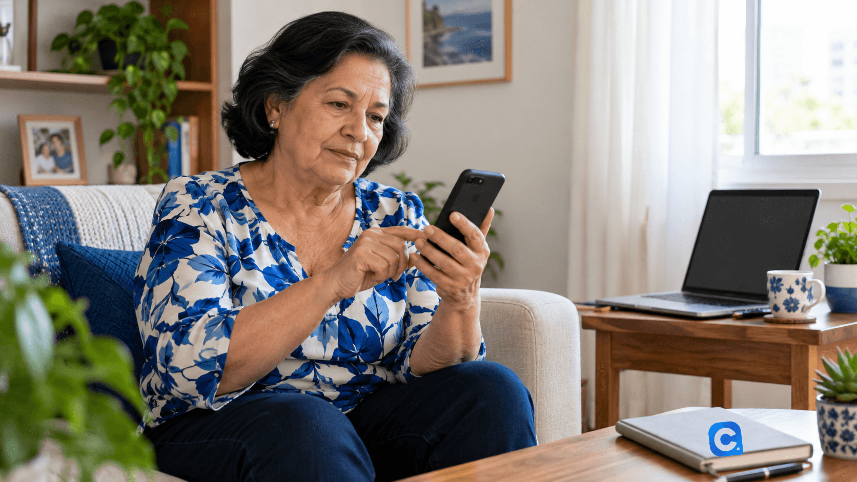 Mulher confere o celular em casa após dificuldade de acesso ao Meu INSS