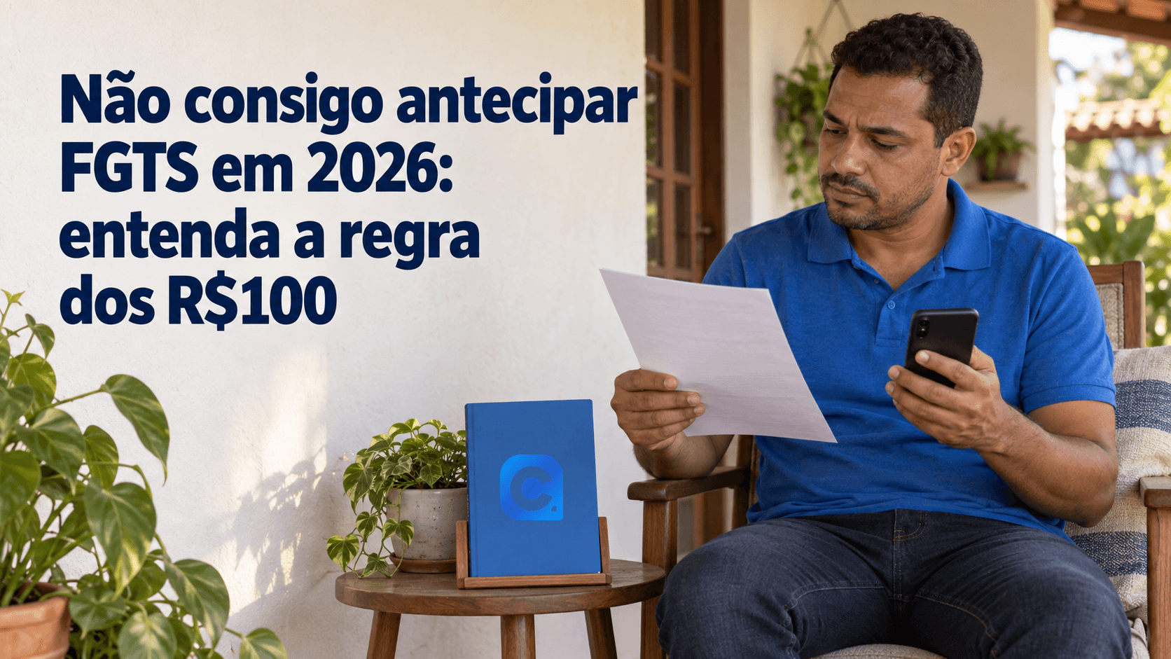 Homem de camisa polo azul confere um papel e um celular de costas na varanda, com o símbolo oficial do Meu Consig no caderno azul apoiado ao lado.
