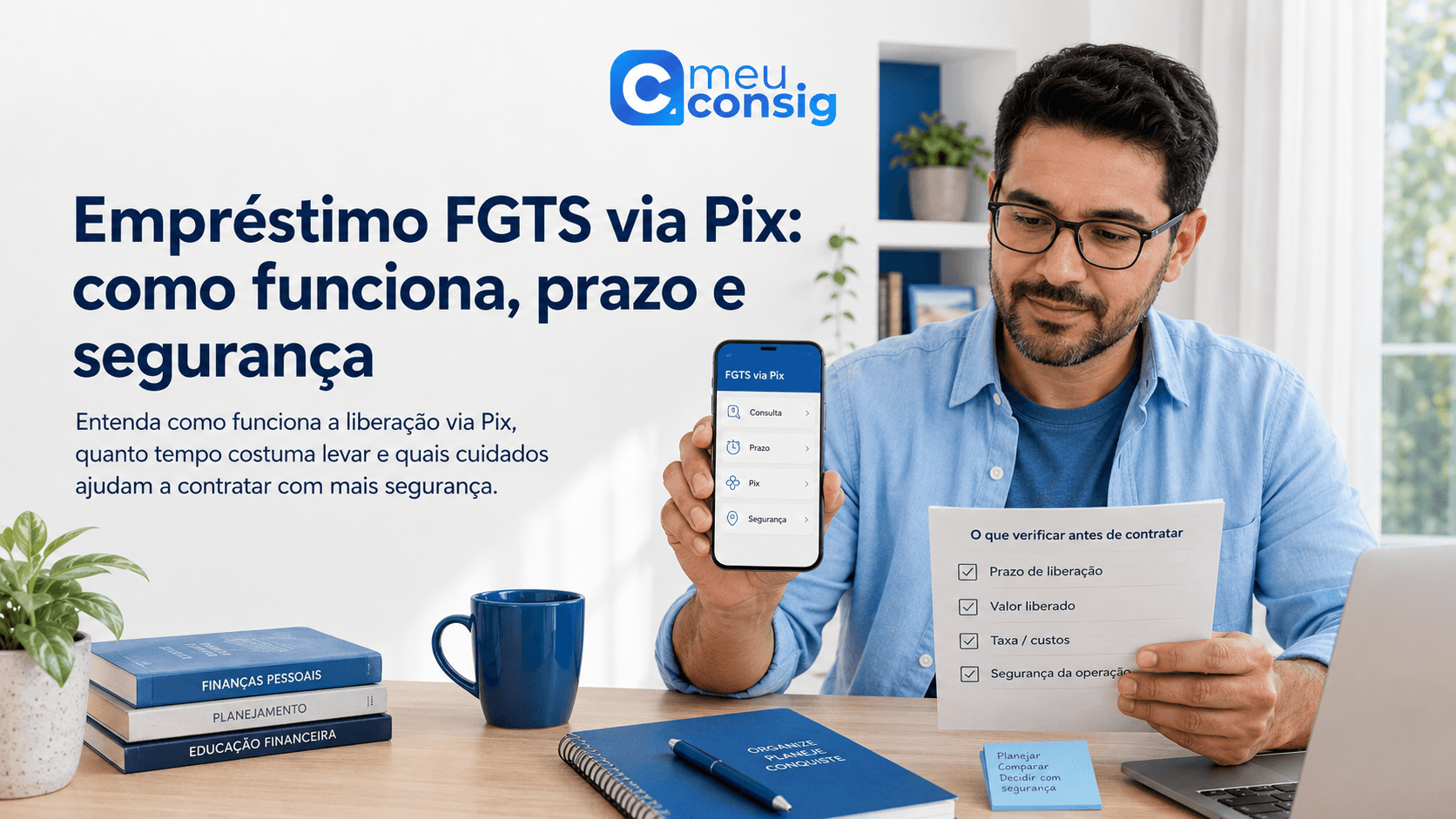 Trabalhador consultando no celular o recebimento do empréstimo FGTS via Pix
