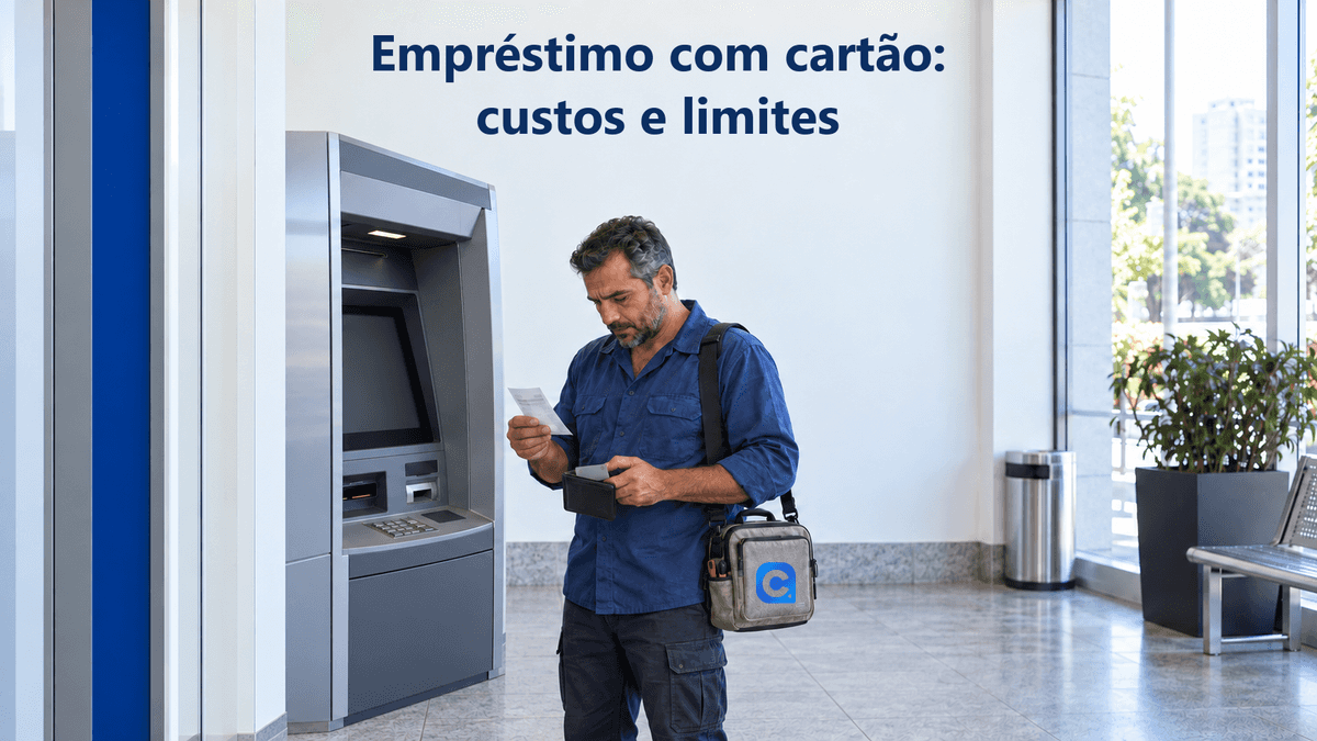 Técnico de camisa azul confere comprovante junto a terminal neutro enquanto guarda um cartão na carteira; a bolsa de ferramentas tem o símbolo oficial do Meu Consig.