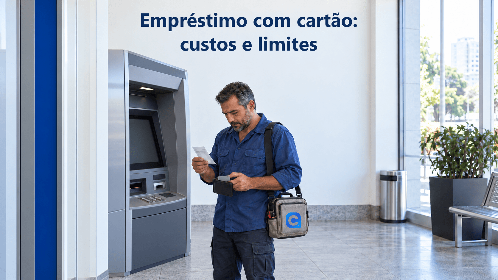 Técnico de camisa azul confere comprovante junto a terminal neutro enquanto guarda um cartão na carteira; a bolsa de ferramentas tem o símbolo oficial do Meu Consig.