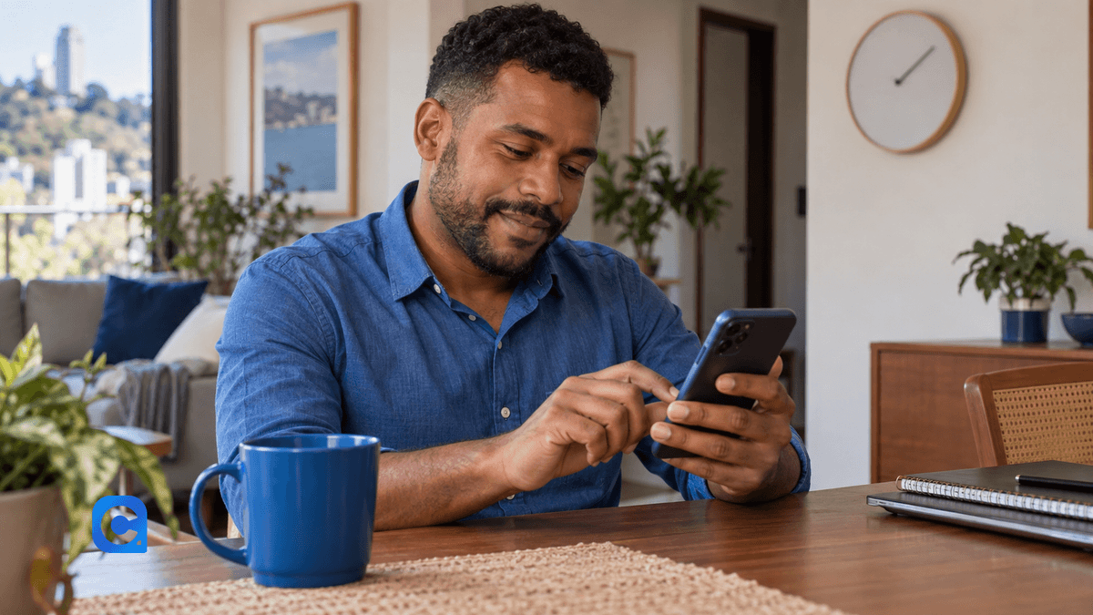Trabalhador consulta a situação de uma proposta CLT no celular com caneca azul na mesa