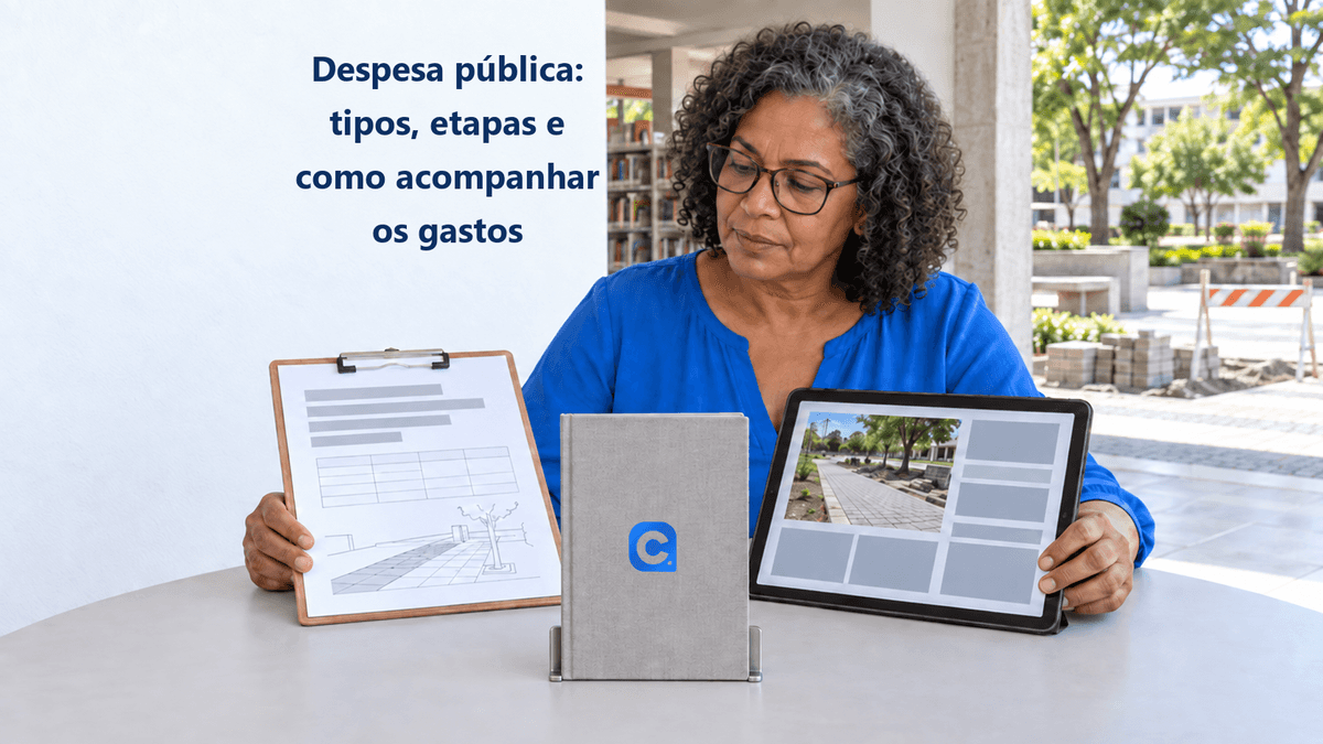Mulher confere uma prancheta e uma imagem de obra em um tablet numa área pública; um caderno cinza vertical apoiado em suporte sobre a mesa traz o símbolo oficial do Meu Consig.